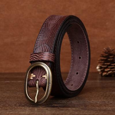 Women's Genuine Leather Engraved Copper Buckle First Layer Cowhide Casual Personality Retro Denim Thin Belt