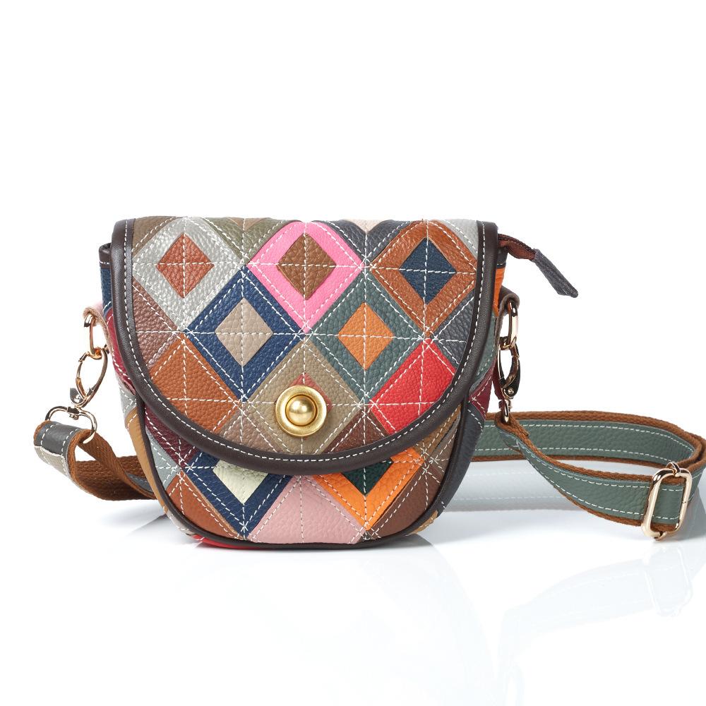 Retro Leather Women'S Bag Small Bag Contrasting Color Design Cowhide Ethnic Style Messenger Bag Saddle Bag