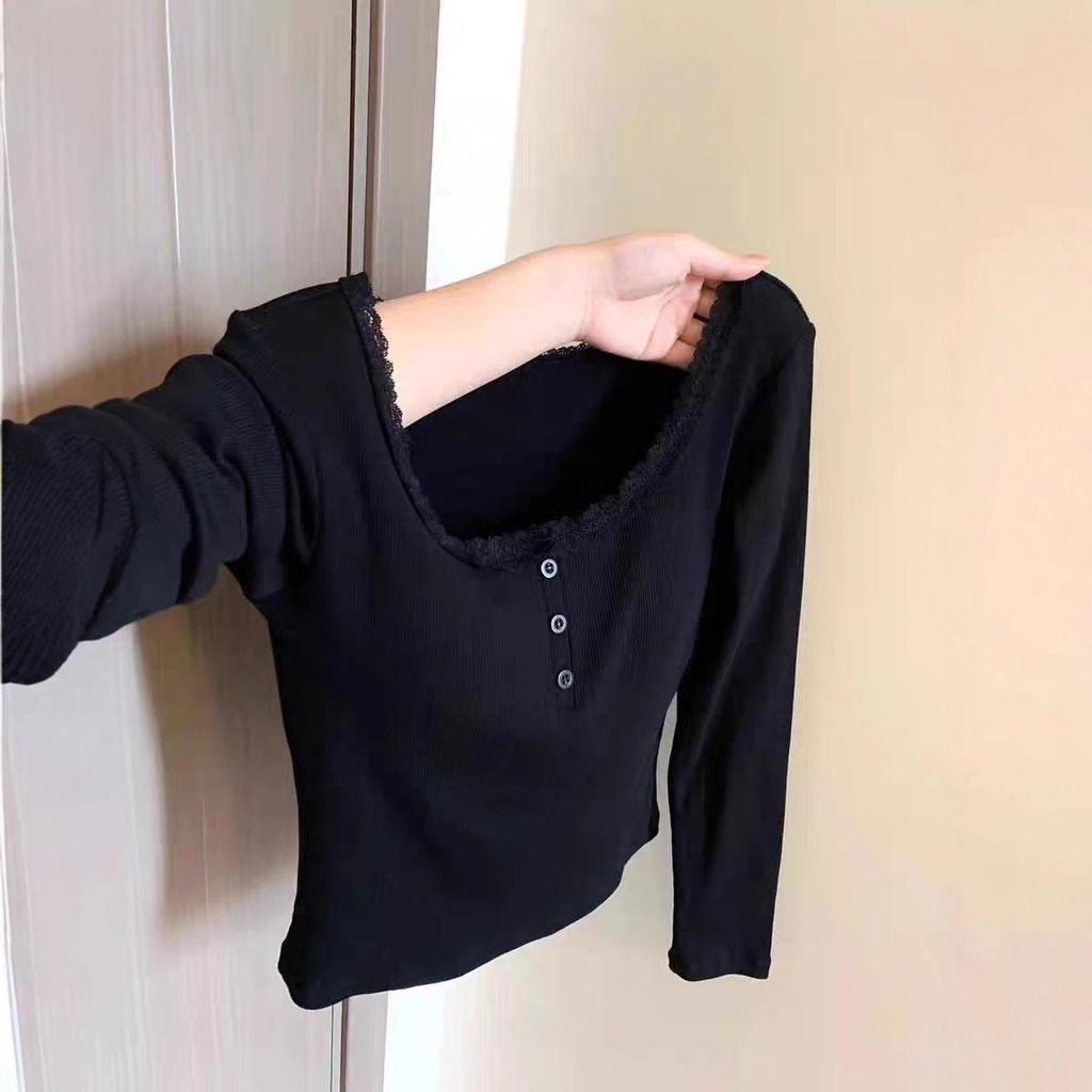 2025 A/W Lace Trim U-Neck Slimming T-Shirt