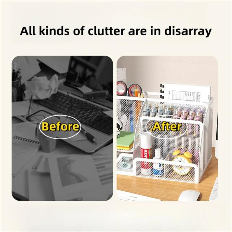 Office Accessories Desk Stationery Organizer Creative Metal Pen Holder Pencil Storage Rack 7 Grid Storage Box Divided Container