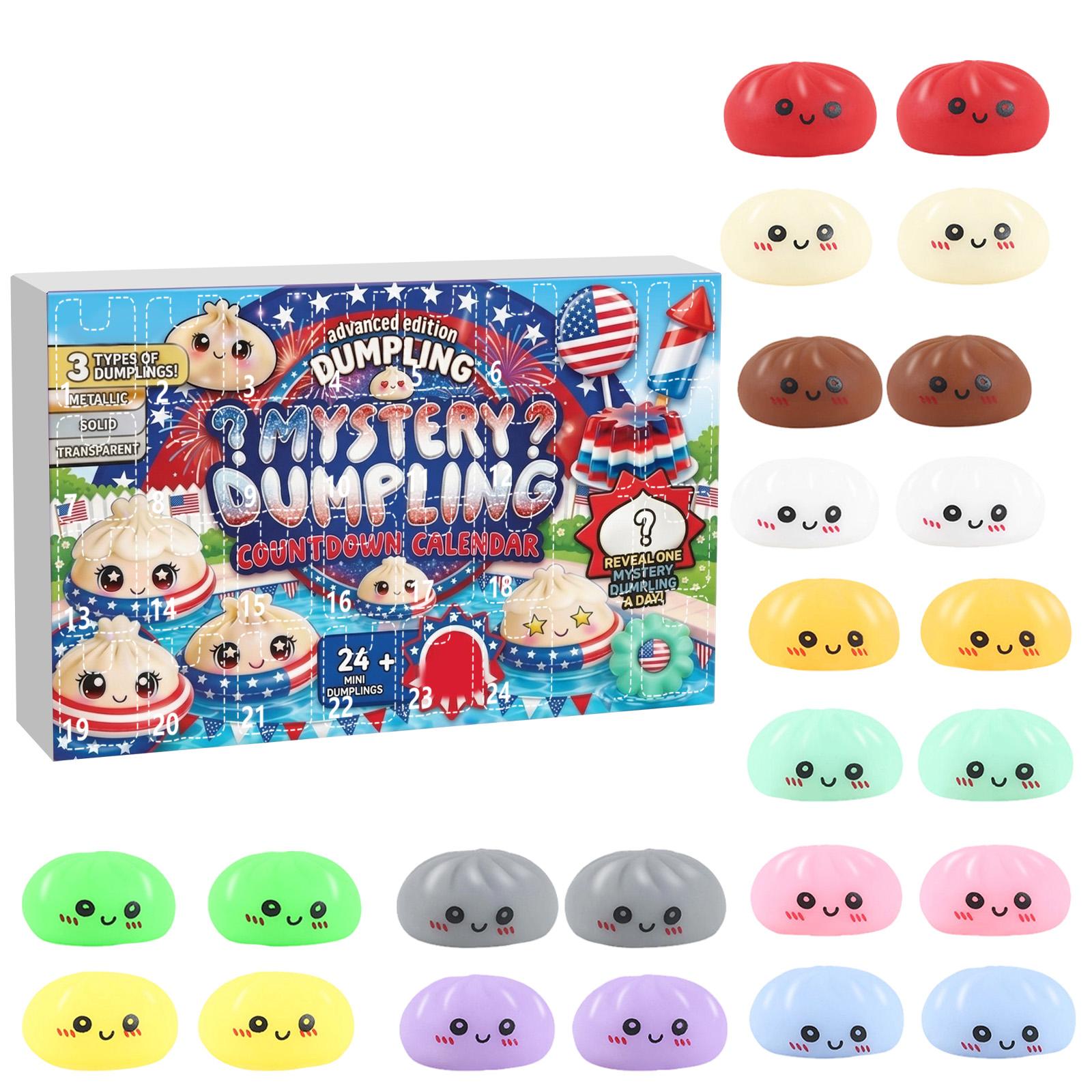 

Mystery Dumpling Countdown Calendar with 24 Soft Squishy Dumpling Toys Includes Metallic Solid and Transparent Styles for Collecting and Stress Relief One Size