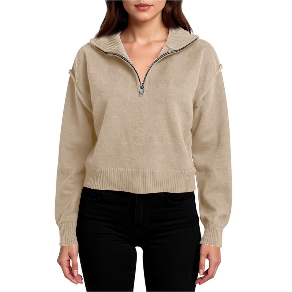 Women's Fashion Loose Casual Half Zip Lapel Pullover Sweater