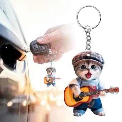 1/2Pcs Guitar Cat Acrylic Hanging Decoration 2D Flat Cartoon Dog Backpack Handbag Hanging Ornament Keychain Pendant