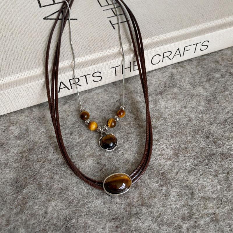 Colier cu pandantiv din piele de epocă, maro, cu piatră, stivuire, lanț de claviculă, temperament, pentru femei, fete, toamnă, iarnă