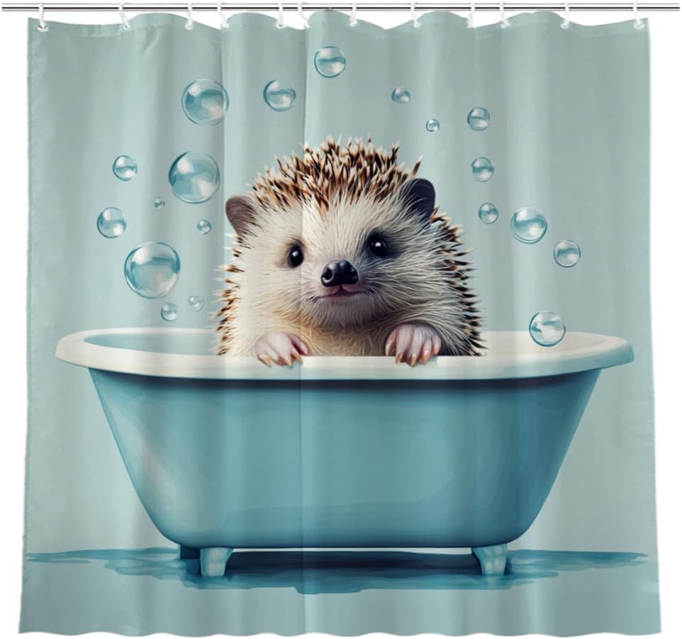 Funny Hedgehog Shower Curtain Hedgehog Bathing In Bathtub Cute Animal Puppy Pet Hilarious Shower Curtain Bathroom Set
