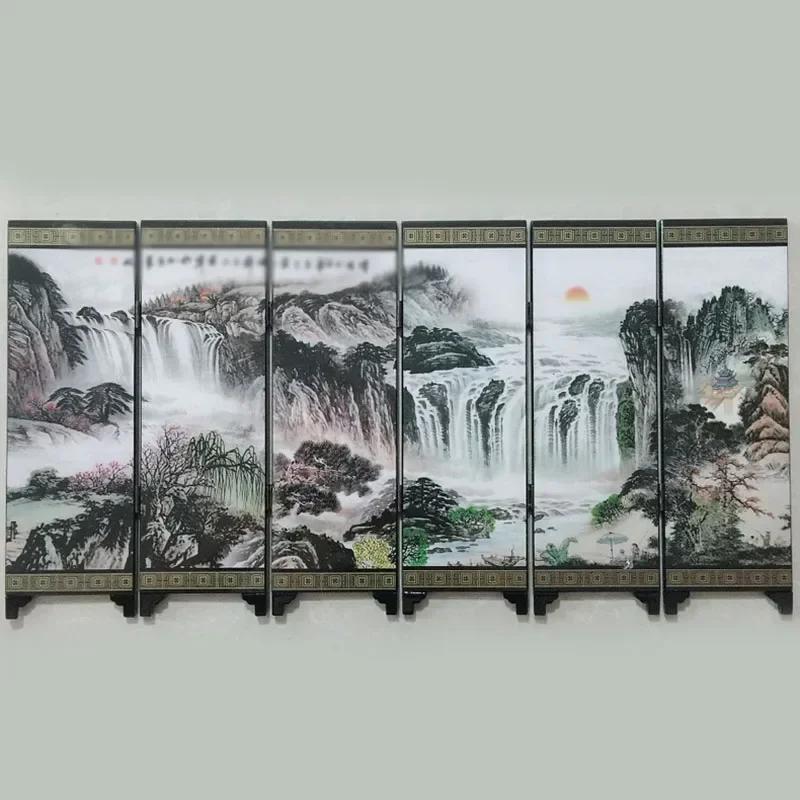 Mini Folding Screen Chinese Style Gift View Home Tabletop Decoration Doll Room Partition Divider 6 Panels Vintage Wood Screen