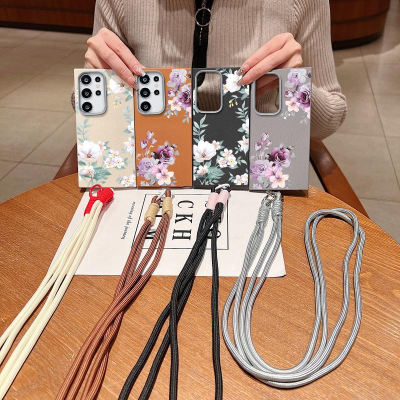 For Samsung S25 Ultra S24 FE S23 S22 A16 A56 A36 A55 A26 A35 Case Flower Pattern Slim Shockproof Matte Leather Texture TPU Soft Lanyard Phone Cover