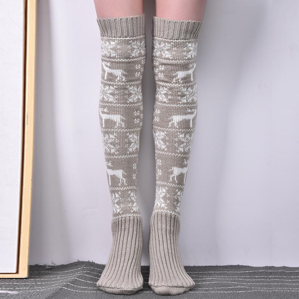 Modische Damen Kniestrumpf Weihnachtsstrümpfe mit Rentier Schneeflocken Muster Festival Gestrickte Über das Knie Lange Socken