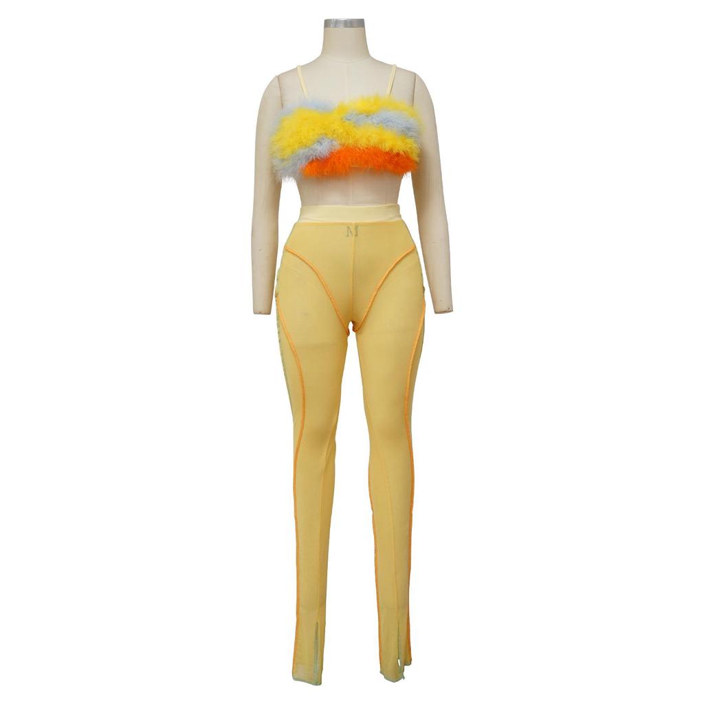 K10179 Women's Summer Sexy Nightclub Feather Camisole and Pants Two-Piece Set