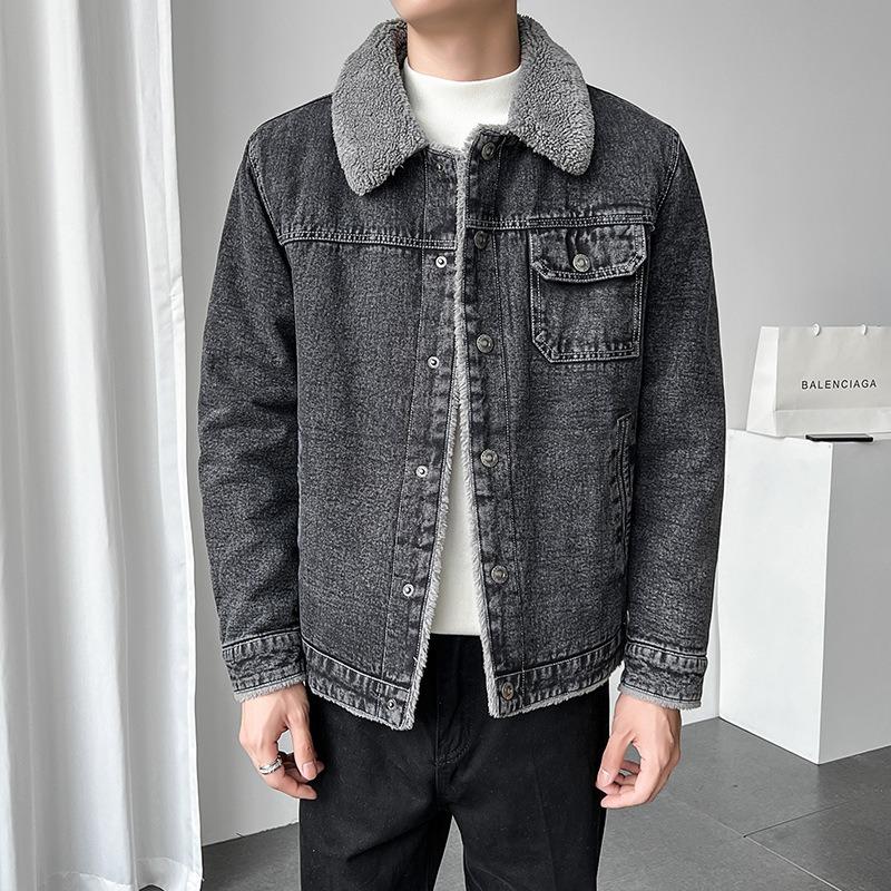 New Winter Lamb Fleece Men's Thickened Jacket Denim Fleece Lapel Top Casual Trend Plus Size Jacket