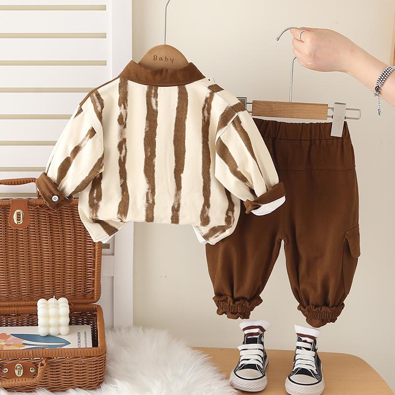Boys' Long Sleeved 3-piece Set, Autumn and Winter Children's Striped Jacket, White Round Neck T-shirt, Casual Pants, Boys' Fashion Set