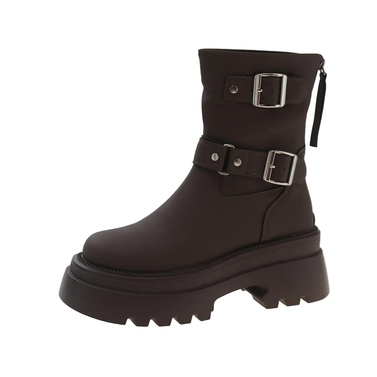 Модные женские ботильоны, осенняя рабочая мода, элегантный панк-стиль 2024, новые черные роскошные кожаные короткие ботинки на низком каблуке с круглым носком на платформе 40 коричневый