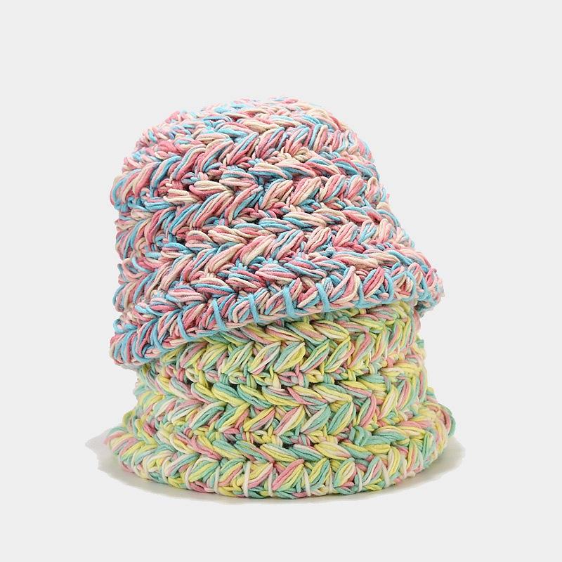 Mixed Color Thick Stick Needle Hand-knitted Wool Bucket Hat Women's Autumn and Winter Thickened Warm Hemming Basin Hat