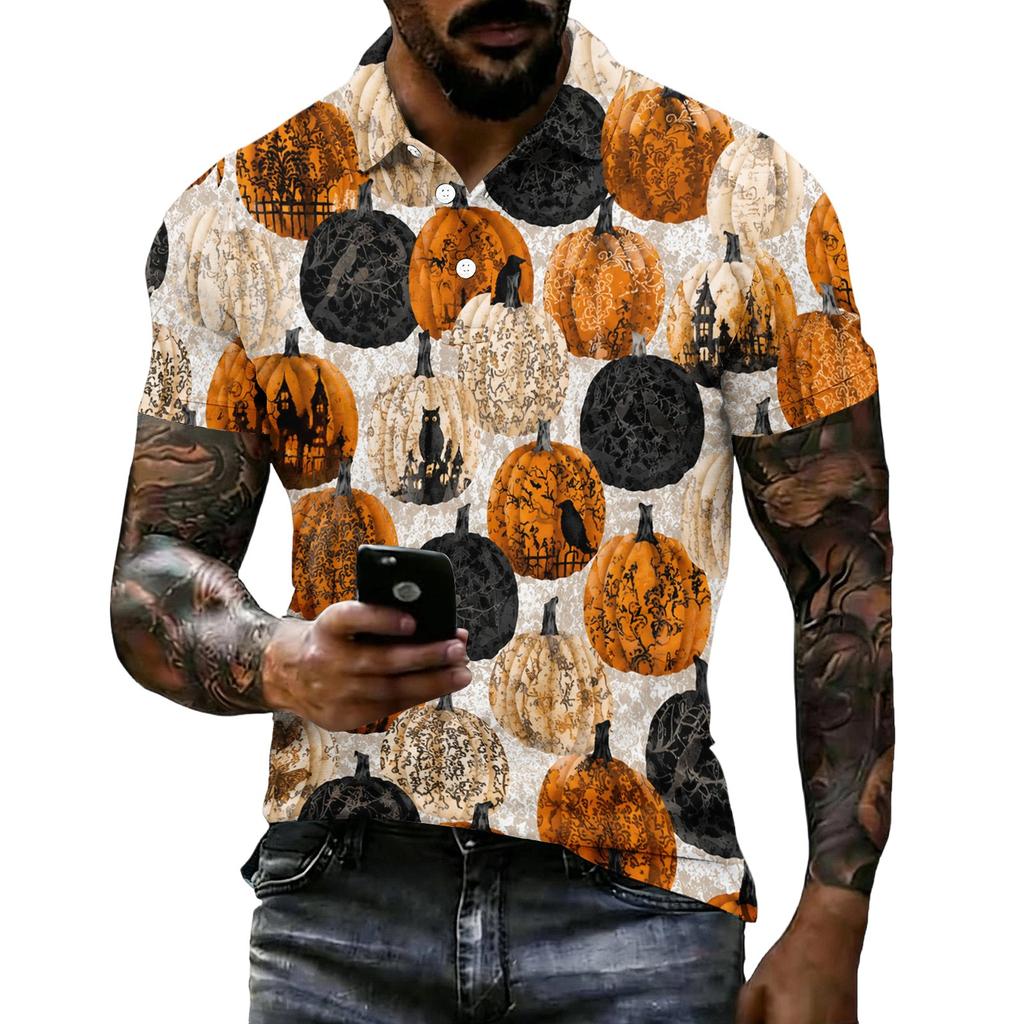 Unisex Loose Fit Casual Short Sleeve Polo Shirt with Halloween Themed Print for Everyday and Seasonal Wear