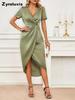 Women's Satin Short Sleeve Wrap Cross Neck Dress Summer Fashion Long Loose Irregular Hem Dress