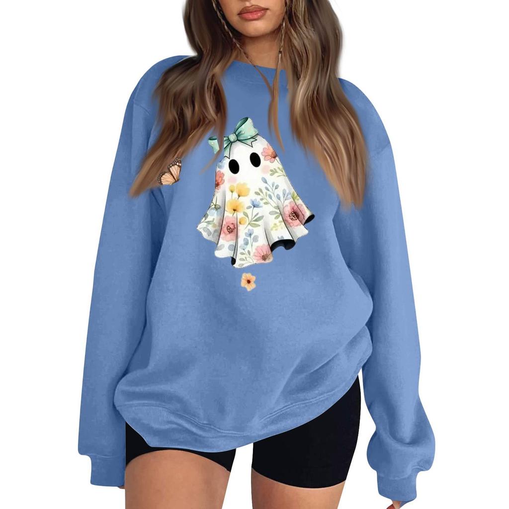 Women's Color Long Sleeve Neck Sweatshirt with Halloween Print Casual Loose Fit Pullover Top