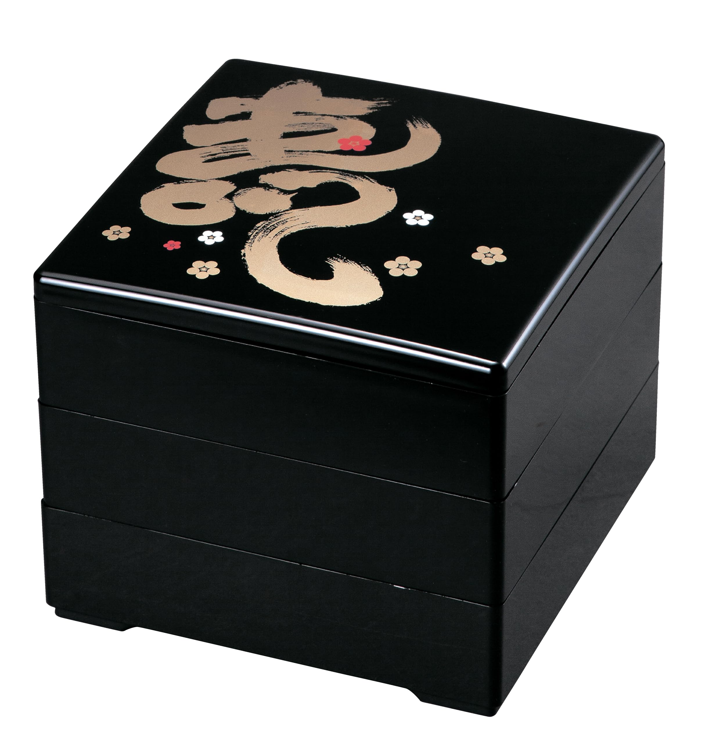 Лаковые изделия Вакаидзуми, 6,5-дюймовая коробка Дзюбако, черный дизайн «Долголетие и цветущая слива» (Черный интерьер), 3 яруса, H-155-63A