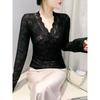Plus Size Women's Clothing Fashion Spring/Summer New Arrival V-neck Lace Patchwork Mesh Flare Long Sleeved Fitted T-shirt Bottoming Shirt