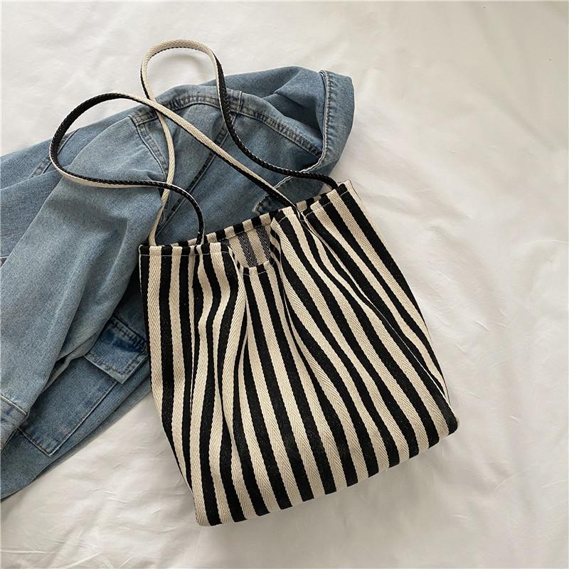 IELGY Large-Capacity Simple Striped Canvas Bag Lazy Style Spring Summer One-Shoulder Large Bag Loose F