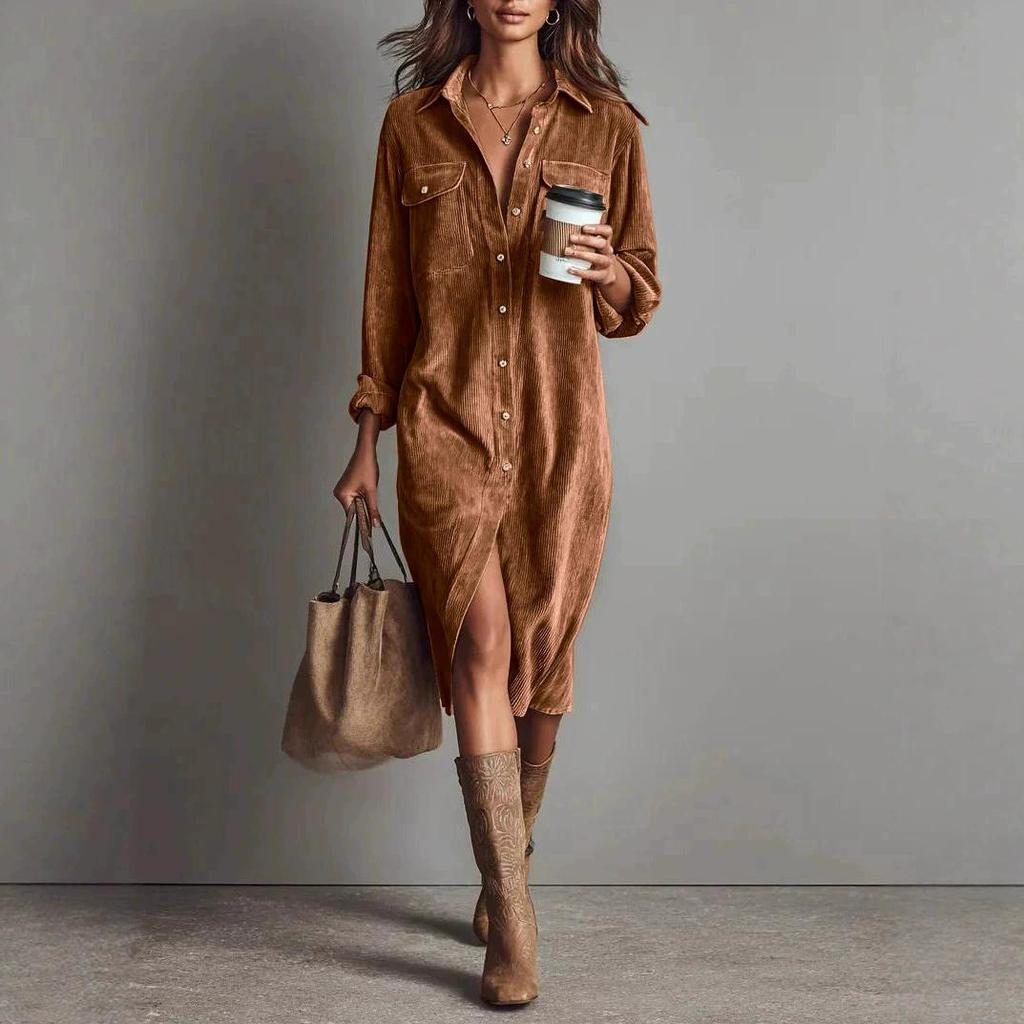 Vintage Women's Dress Spring Summer Office Lady Solid Corduroy Long Sleeve Lapel Shirt Loose Maxi Dresses for Women