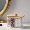 Cotton Swabs, Makeup Pads & Hair Ties Storage Box with U-Shaped Opening and Bamboo Lid for Easy Access and Dust Protection.