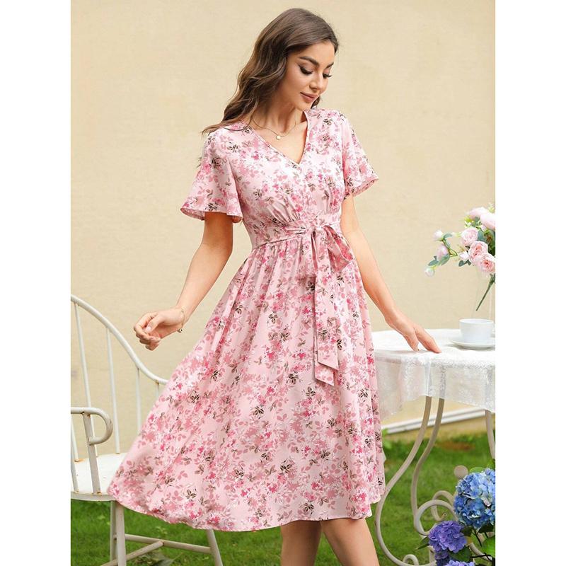 Summer Short Sleeve Women Printed Loose Dress Fashion V-neck Ruffle Lace Up A Line Floral Casual Dresses Women Elegant Slim Vintage Sexy Dress 26175