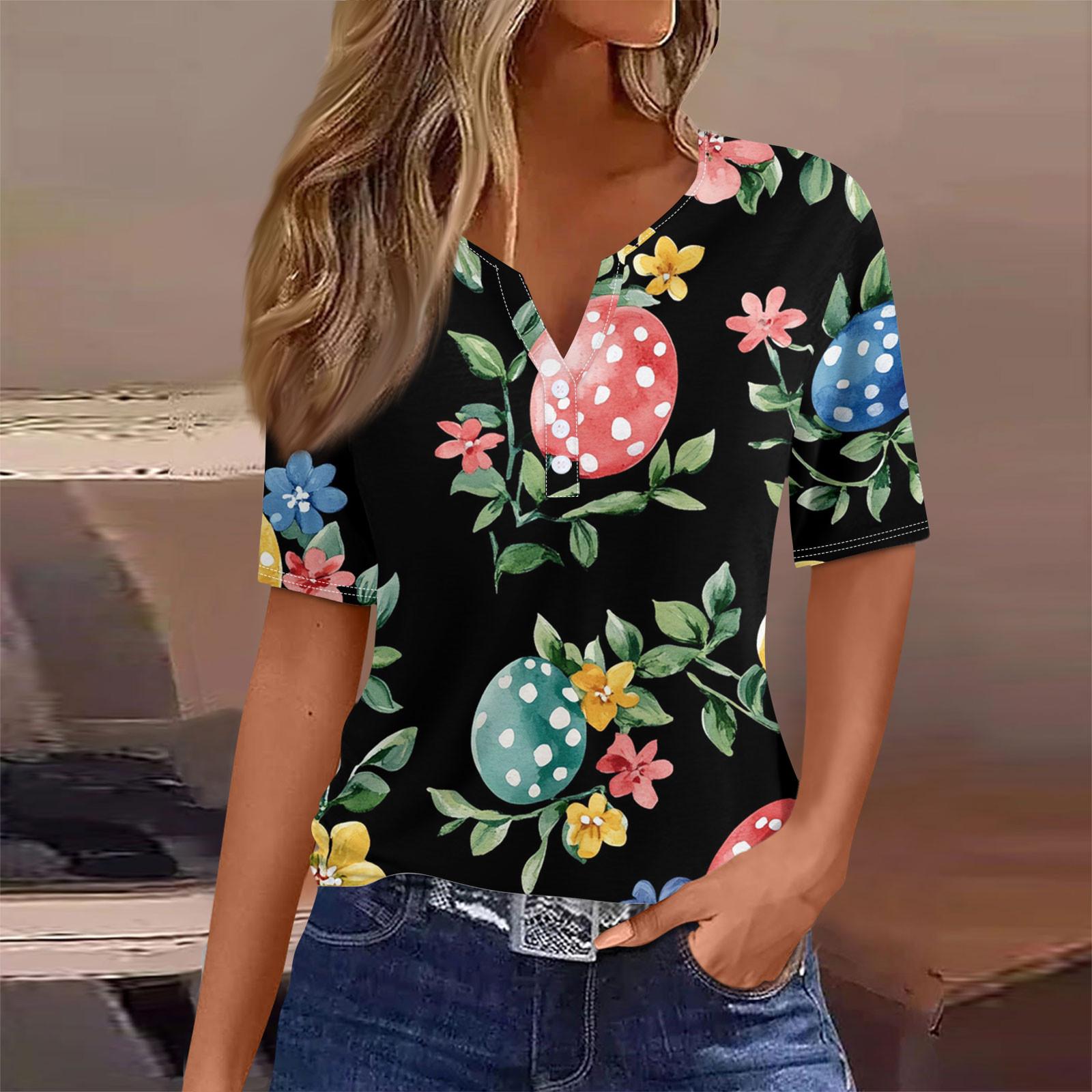 

Женская мода повседневная винтажная пасхальная футболка с V-образным вырезом и коротким рукавом с декоративными пуговицами XXL чёрный