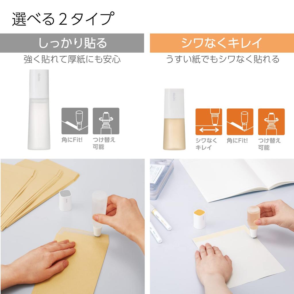 KOKUYO GLOO Liquid Glue Main Unit 1 and 2 Replacement Bottles Wrinkle-Free Clean Finish
