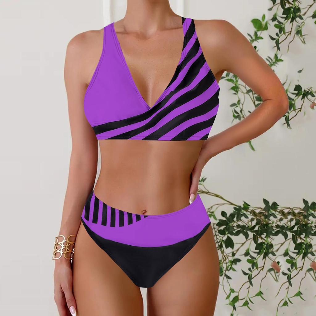 Plus Size Women Fashion Sexy Round Neck Tilted Stripe Bikini Set Slim Fit Beach Swimsuits Two Piece Set
