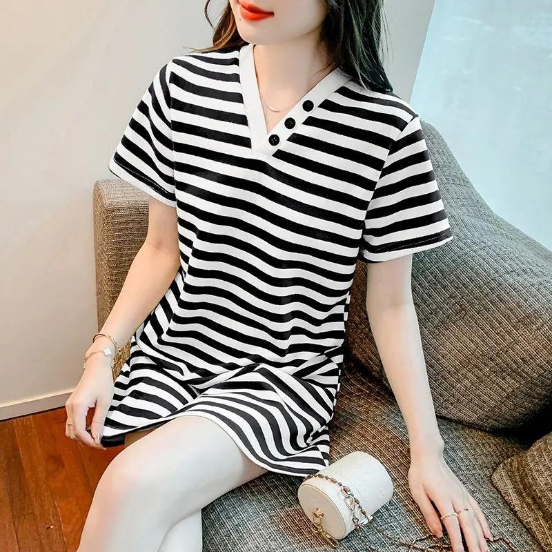 Women's Casual Black White Stripe V Neck Button T Shirt Dress