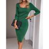 Herbst Winter Quadratkragen Einfarbig Strick Bodycon Kleid Damen Langarm Temperament Schlitz Slim Robe Vestidos