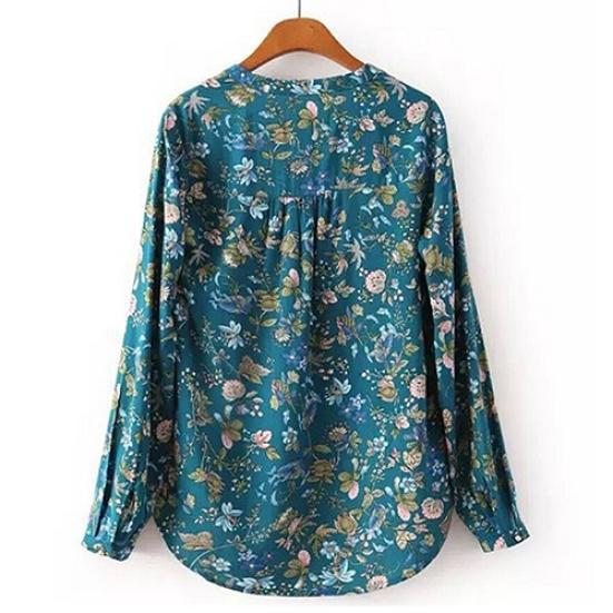 Women Casual Long Sleeve V-neck Floral Print Shirt Chiffon Blouse Irregular Top