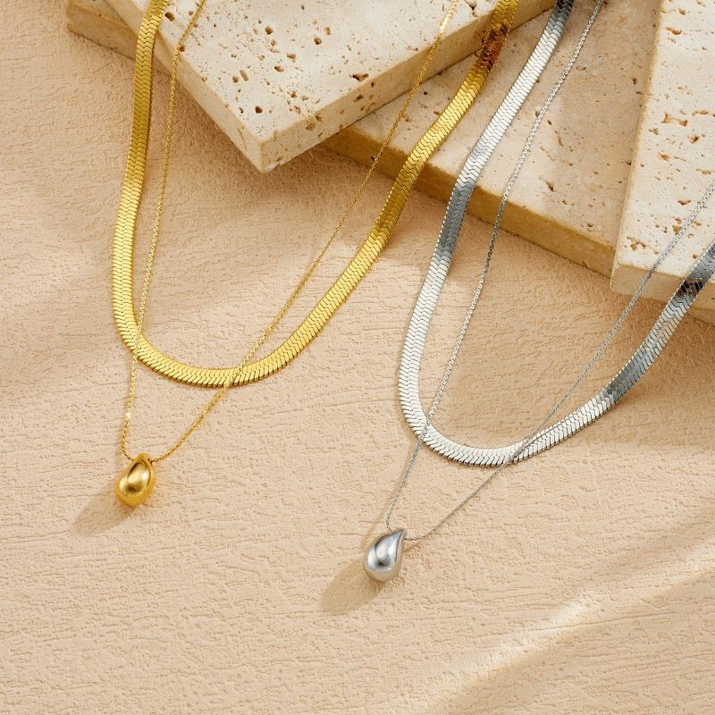 Gold Plated Layered Herringbone Chain Teardrop Pendant Necklace