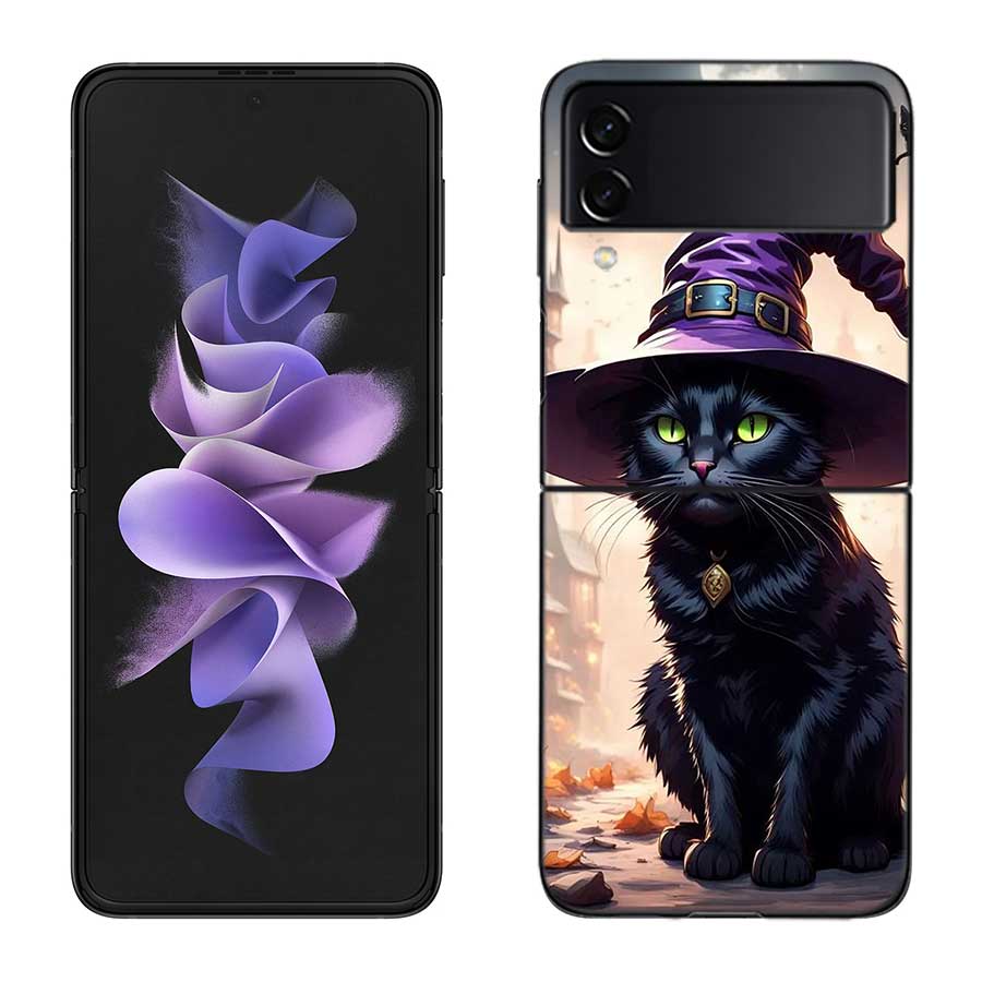 Halloween Magic Cat Phone Case For Samsung Z Flip 7 6 5G Galaxy Z Flip 5 4 3 Black Hard Cell Cover Luxury PC Shell Coque