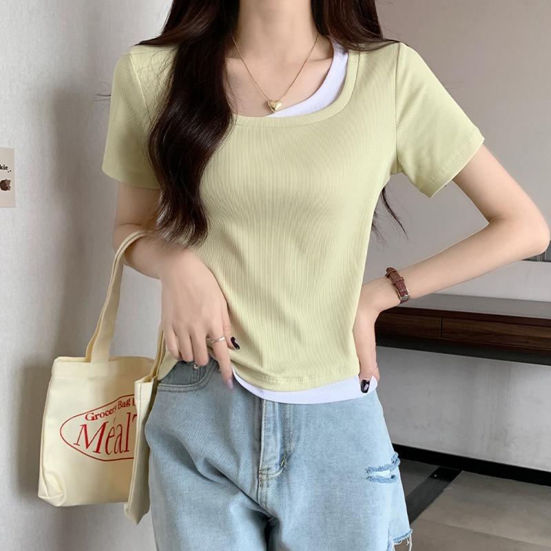 Slimming Clavicle Right Shoulder Design Fake Two-piece T-shirt Women's Short-sleeved Summer 2024 Super Hot Style Chic Hot Girl Top