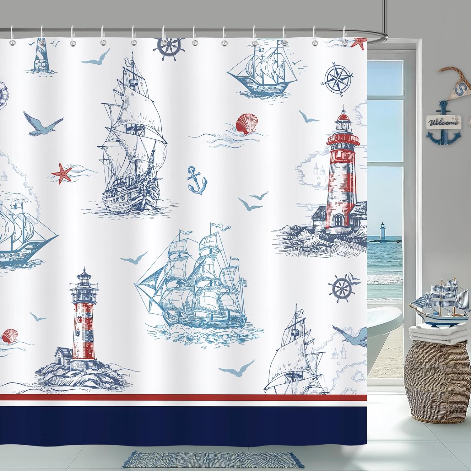 

Nautical Theme Coast Sailing Lighthouse Blue Ocean Waterproof Washable Shower Curtain With 12 Hooks Bathroom Shower Curtain W60H190(CM)-1 Pcs