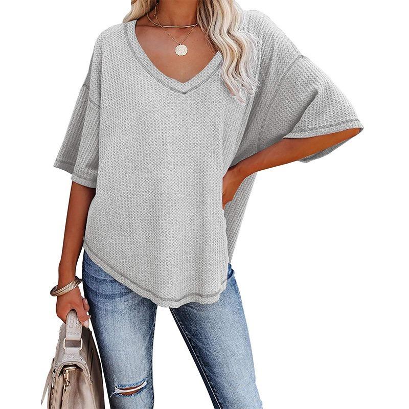 Summer Women's T-shirt V-neck Waffle Casual Loose Short-sleeved T-shirt
