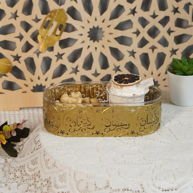 Eid Mubarak Dessert Tray Ramadans Candy Serving Dish Snacks Storage Box Metal Platter for Festival Table Decoration