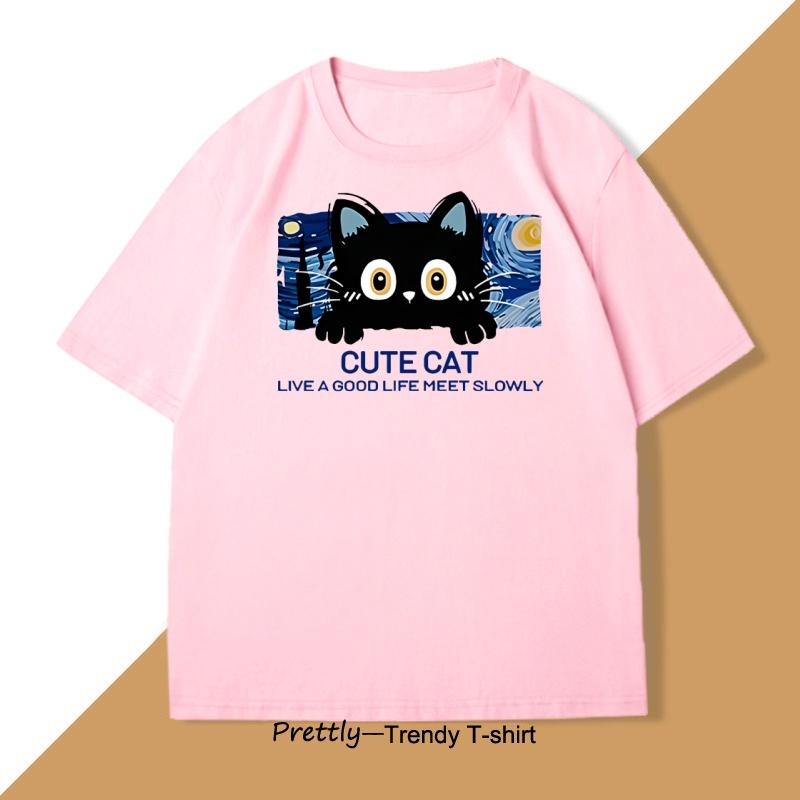 Cute Cat T Shirt Casual Cotton Short Sleeve Round Neck Tshirt Men Women Loose O Neck Male Tee Shirt Oversized Tee Shirt Street