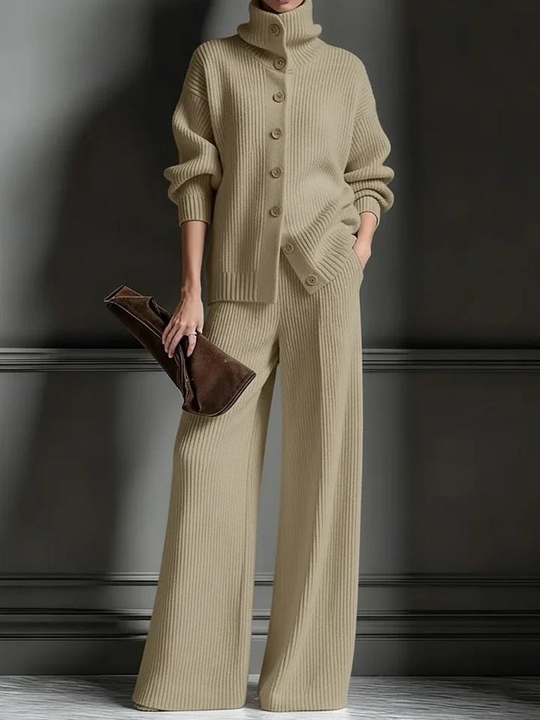 Podzim Zima Nový Pletený Kardigan s Vysokým Límcem Jednobarevný Dlouhý Rukáv Široké Kalhoty Set 2dílný Outfit