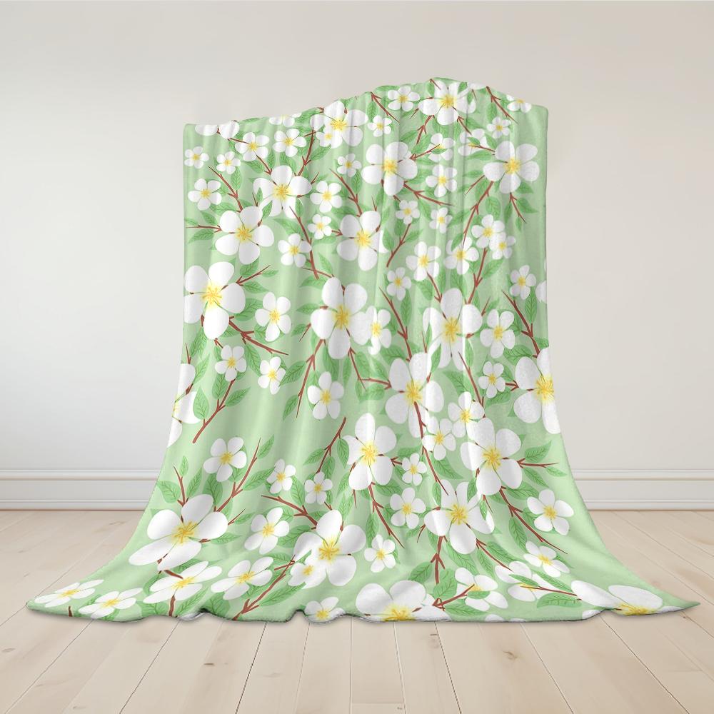 Pale Green Blossom Twig Flannel Blanket Warm Soft Halloween Christmas Couch Warm Cozy Decorative Decor Gift for All Season