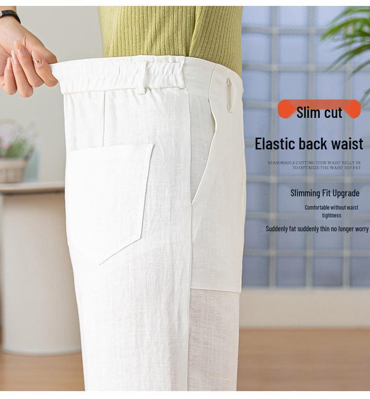 Tencel Leinen Weite Weiße Hose für Damen - Elastischer Bund, Gerade Neun-Punkt Lässig OL Professioneller Stil.