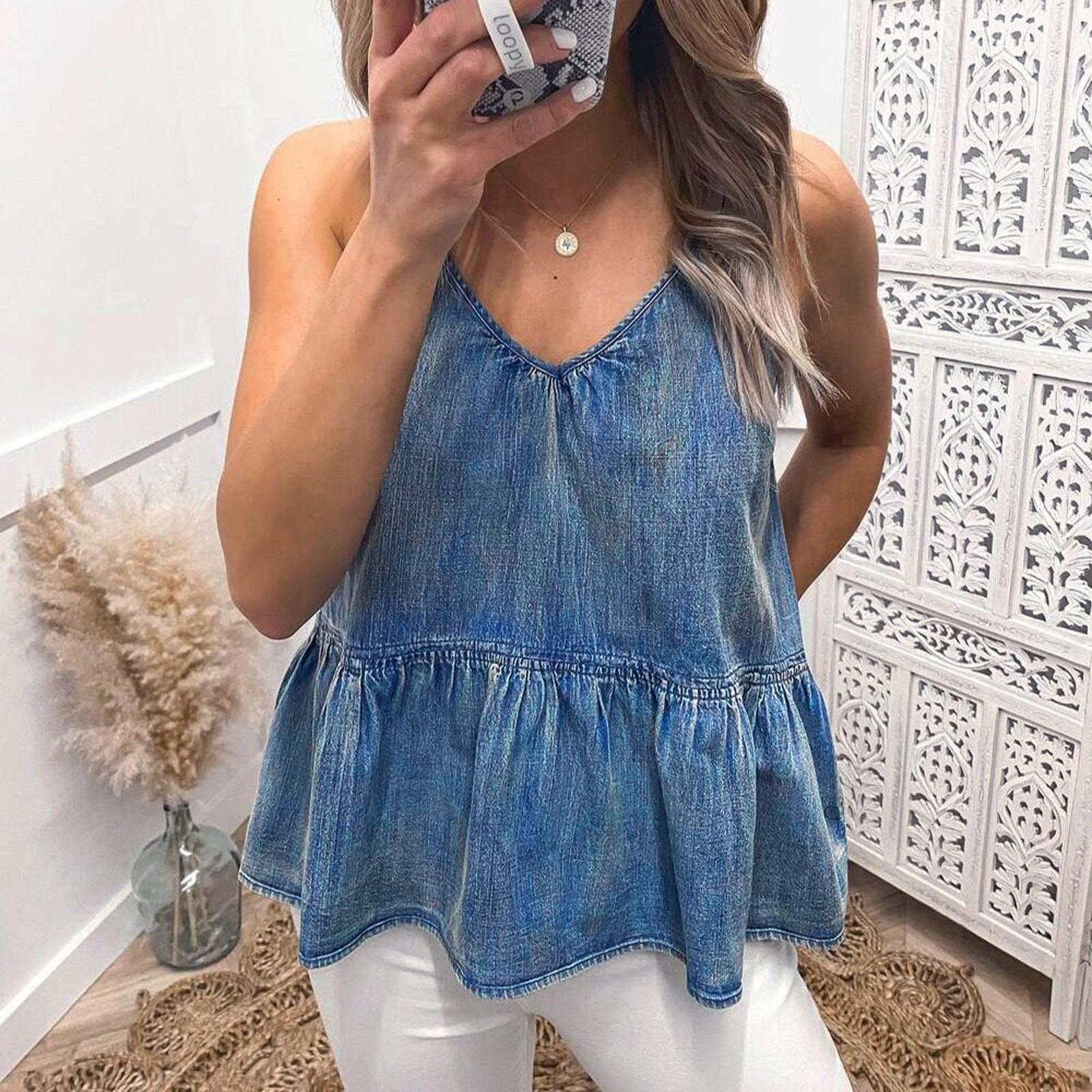 

Женская повседневная модная джинсовая майка с v-образным вырезом и рюшами на подол