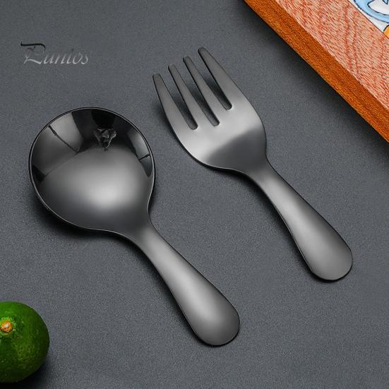 2Pcs/Set Stainless Steel Baby Spoon Fork Set Short Handle Mirror Polished Mini Ice Cream Dessert Tea Soup Spoon Fork Set Kitchen Cutlery Utensils