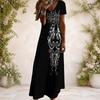 Women Plus Size V Neck Short Sleeve Black White Printed Straight Maxi Dress