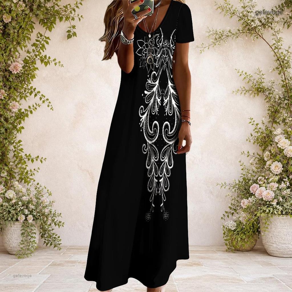 Women Plus Size V Neck Short Sleeve Black White Printed Straight Maxi Dress
