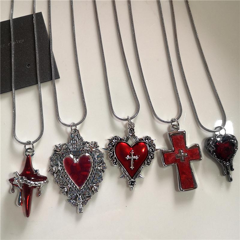 Gothic Trendy Y2K Red  Heart Cross StarPendent Snake Chain Choker Necklace For Women Men Punk Vintage Grunge Aesthetic Jewelry