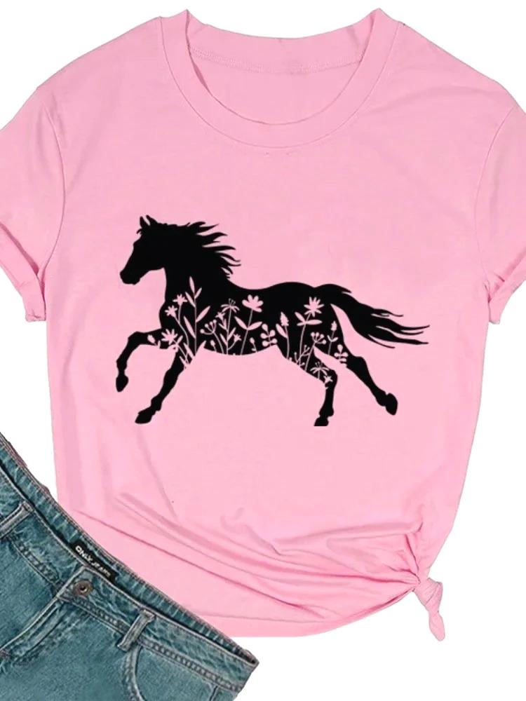 2026 Wildflower Horse Print Women T Shirt Short Sleeve O Neck Loose Women Ladies Tee Shirt Casual Streetwear T-shirts,Y2K Tops