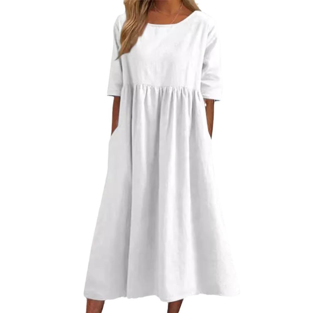 Summer Cotton and Linen Casual Short-sleeved Pleated Loose Round-neck Women's Dress