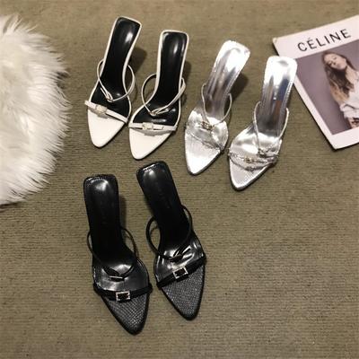 2025 Spring and Autumn New One-word with Rhinestones High Heels Cool Slippers Women's Shoes Pointed Thin Heels Sandals Outer Wear Women